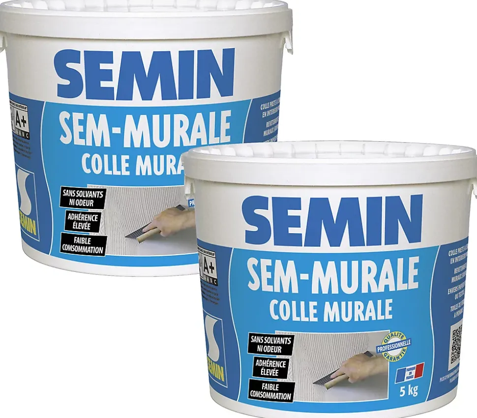 Lot de 2 Colles pour Toiles de Verre et Revêtements Muraux Légers Semin Sem Murale, Prêt à l'Emploi, Seau 5 kg