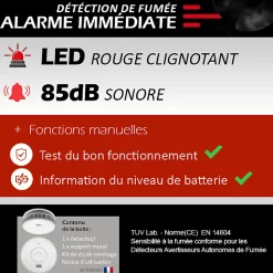 Lot de 2 Détecteur de fumée connecté WIFI CE EN14604 Pile 10 ans scellée et Kits de fixation magnétique
