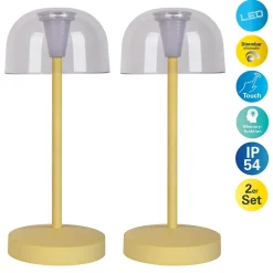 Lot de 2 lampes de table LED rechargeables 'Gomba' pour l'extérieur et l'intérieur, en métal et plastique jaune, hauteur 18,5 cm