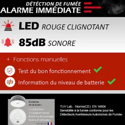 Lot de 2 x Détecteur de fumée CE EN14604 - Pile 3 ans remplaçable incluse + Kits de fixation magnétique