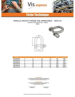 Manille Droite Forgée axe imperdable Inox A4 Diamètre 4 - 5 pièces