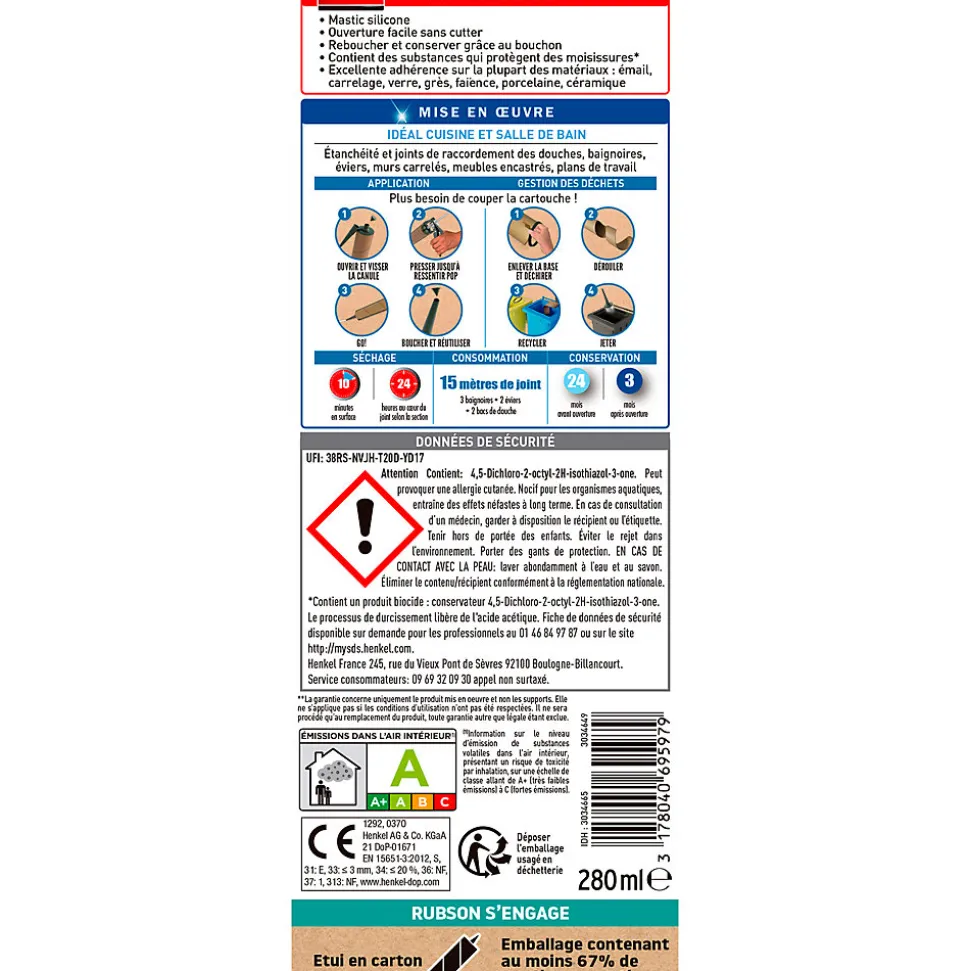 Mastic bain et cuisine Rubson béton 280ml