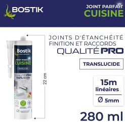 Mastic d’étanchéité spécial cuisine translucide Bostik Joint Parfait tous matériaux, cartouche de 280 ml