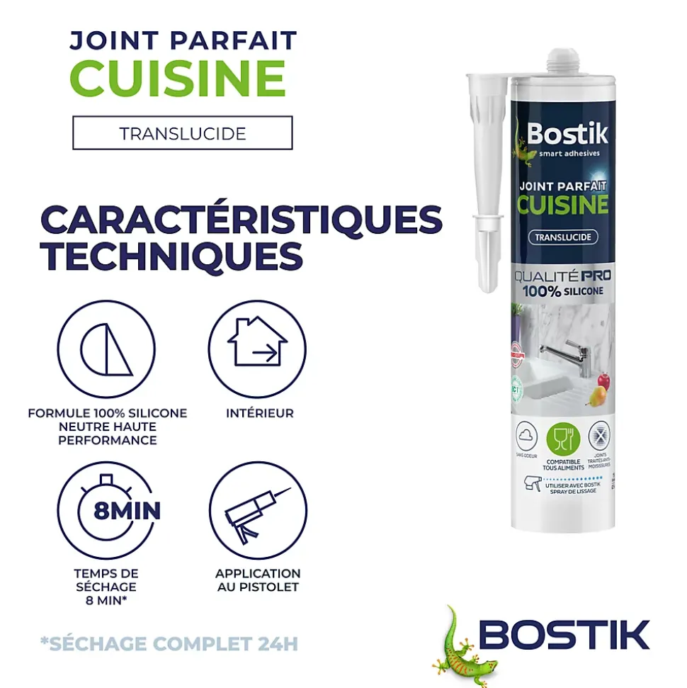 Mastic d’étanchéité spécial cuisine translucide Bostik Joint Parfait tous matériaux, cartouche de 280 ml