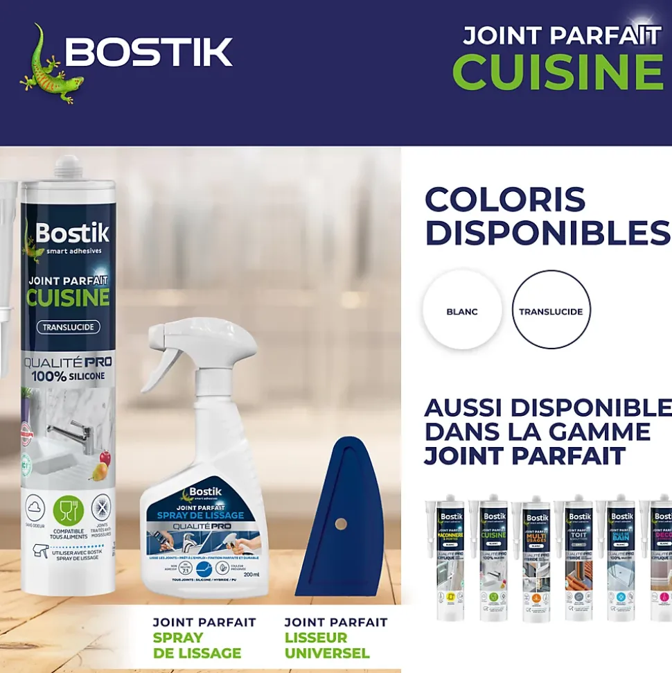 Mastic d’étanchéité spécial cuisine translucide Bostik Joint Parfait tous matériaux, cartouche de 280 ml
