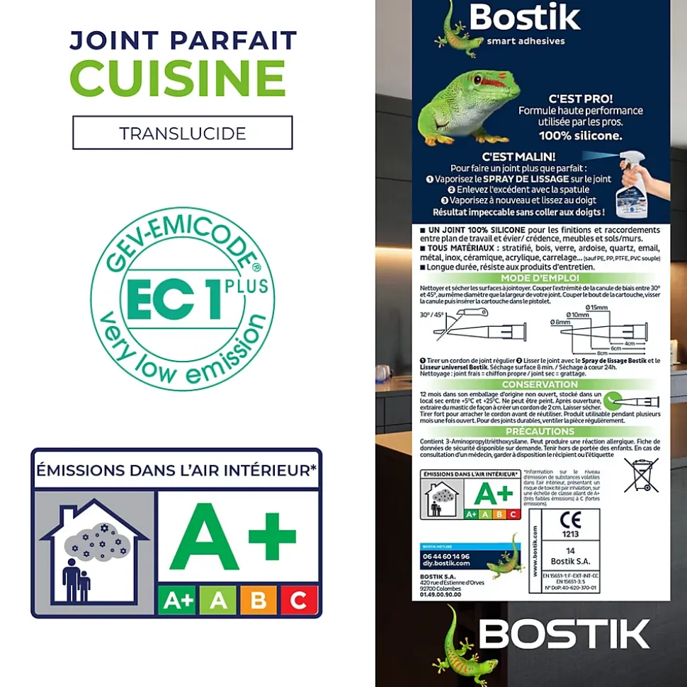 Mastic d’étanchéité spécial cuisine translucide Bostik Joint Parfait tous matériaux, cartouche de 280 ml