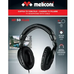 Meliconi - Casque TV filaire analogique HP50 PLUS - Noir - Câble lisse 5m anti-noeuds - Contrôle volume sur fil