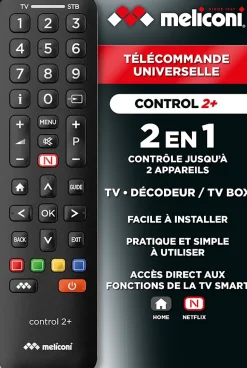 Meliconi - Télécommande universelle EASY 2.1 pour 1 TV + 1 décodeur TNT SAT ou ADSL- 100% fonctions d'origine - Touches Smart Tv
