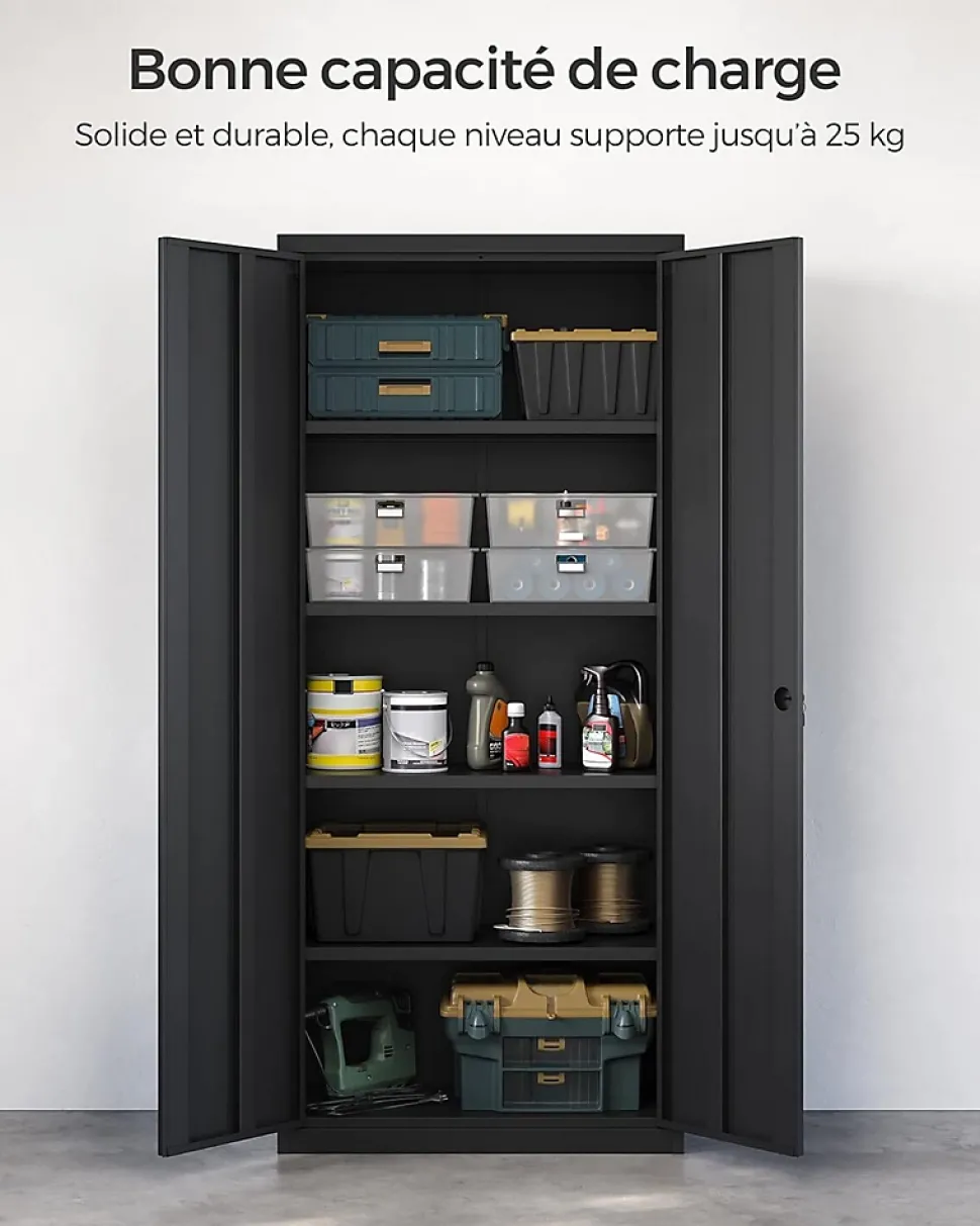 Meuble de Rangement Bureau, en Acier, Placard, avec 5 Étagères, Doubles Portes, Serrure, Armoire à Outils, Étagères Réglables