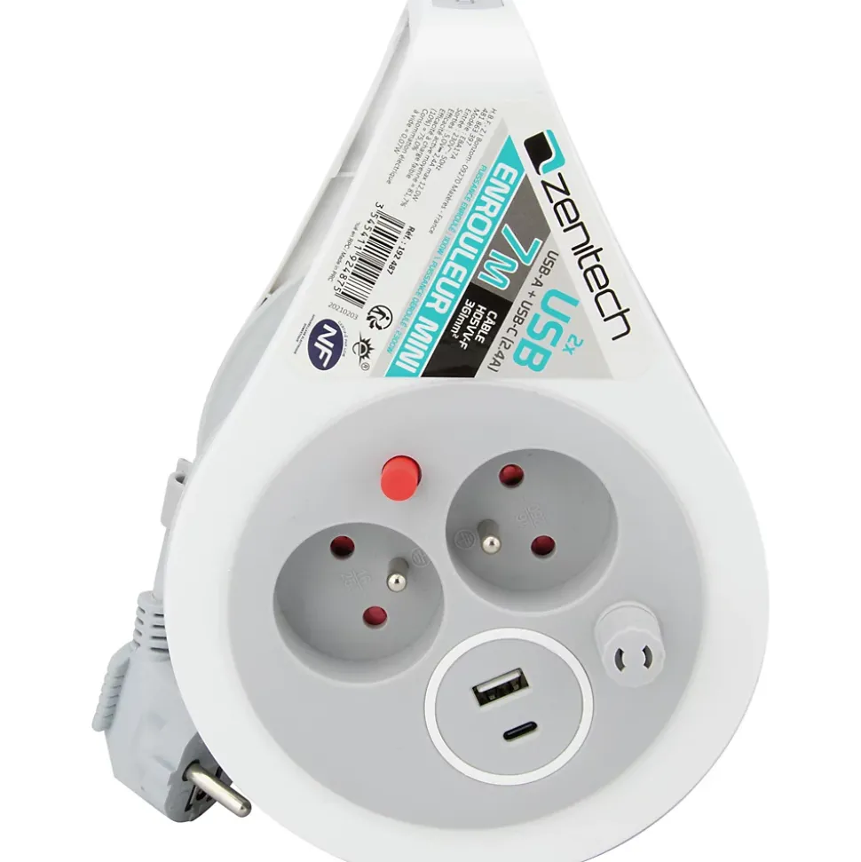 Mini enrouleur H05VV-F 3G1 3 prise de 16A + USB 7m gris
