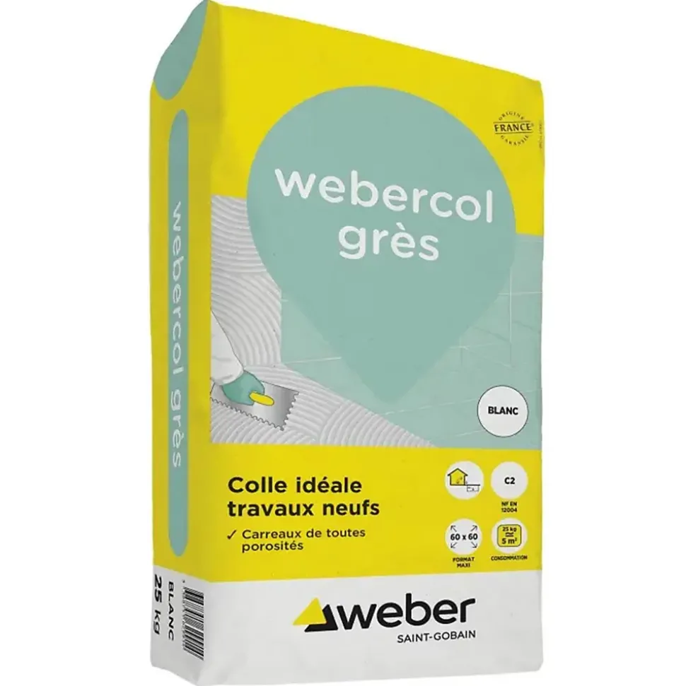 Mortier - colle à adhérence (C2) - WEBER COLLE GRES - Sac de 25 Kg - BLANC