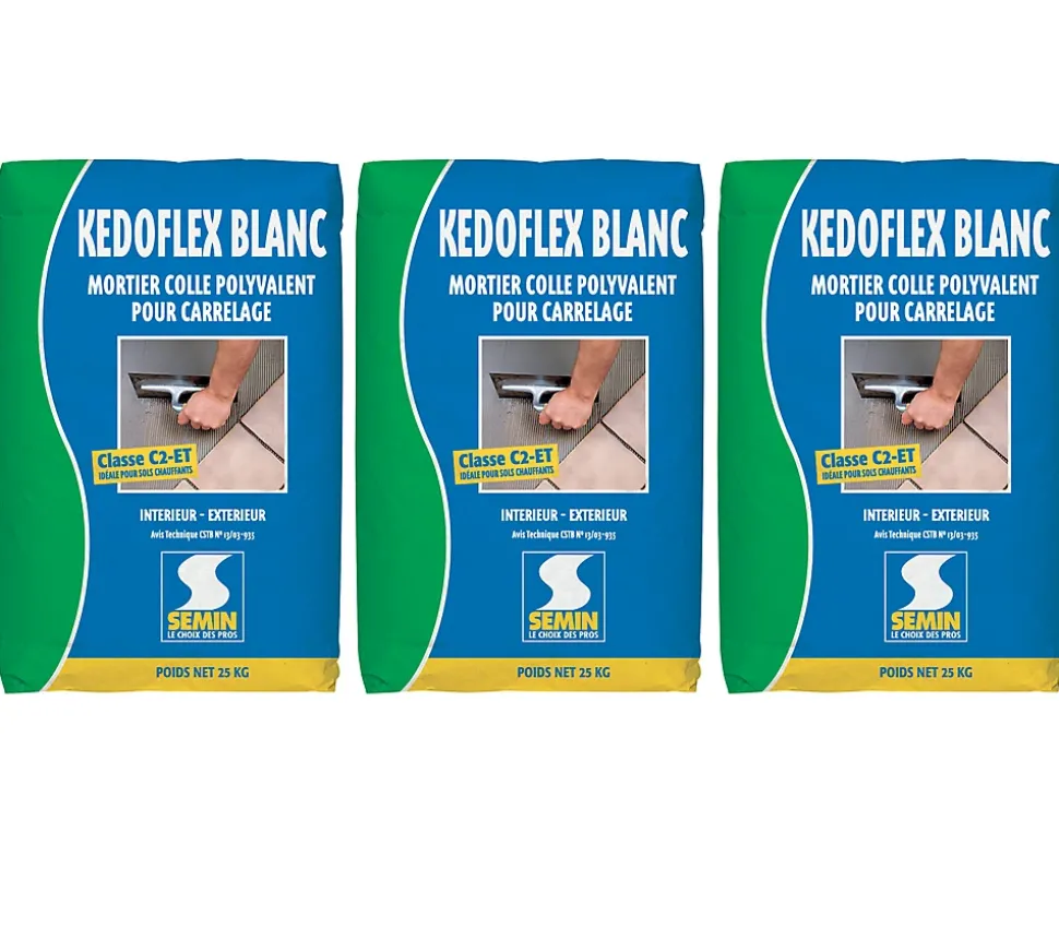 Mortier Colle Polyvalent pour Carrelage Kedoflex Blanc Semin, Intérieur/Extérieur, sac de 25 kg, lot de 3
