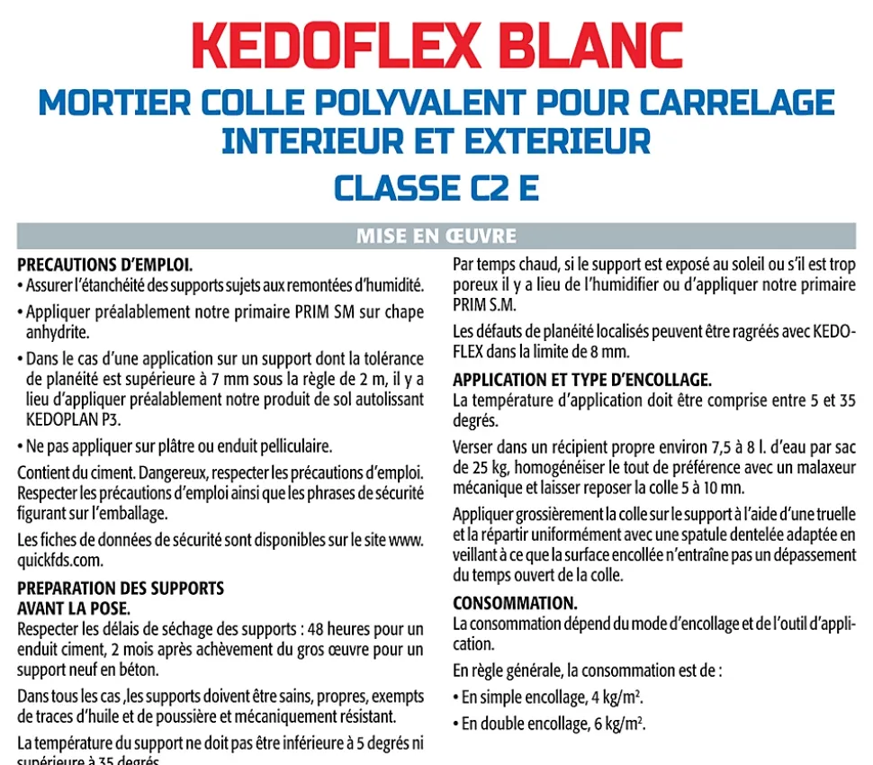 Mortier Colle Polyvalent pour Carrelage Kedoflex Blanc Semin, Intérieur/Extérieur, sac de 25 kg, lot de 2