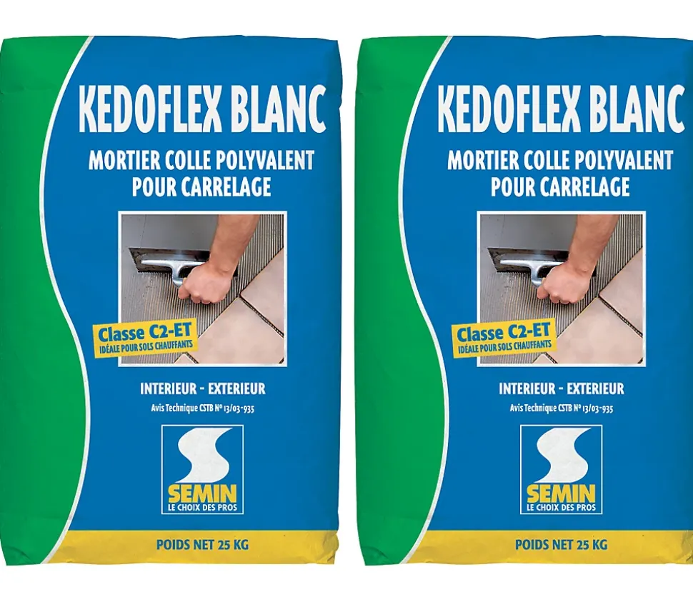Mortier Colle Polyvalent pour Carrelage Kedoflex Blanc Semin, Intérieur/Extérieur, sac de 25 kg, lot de 2