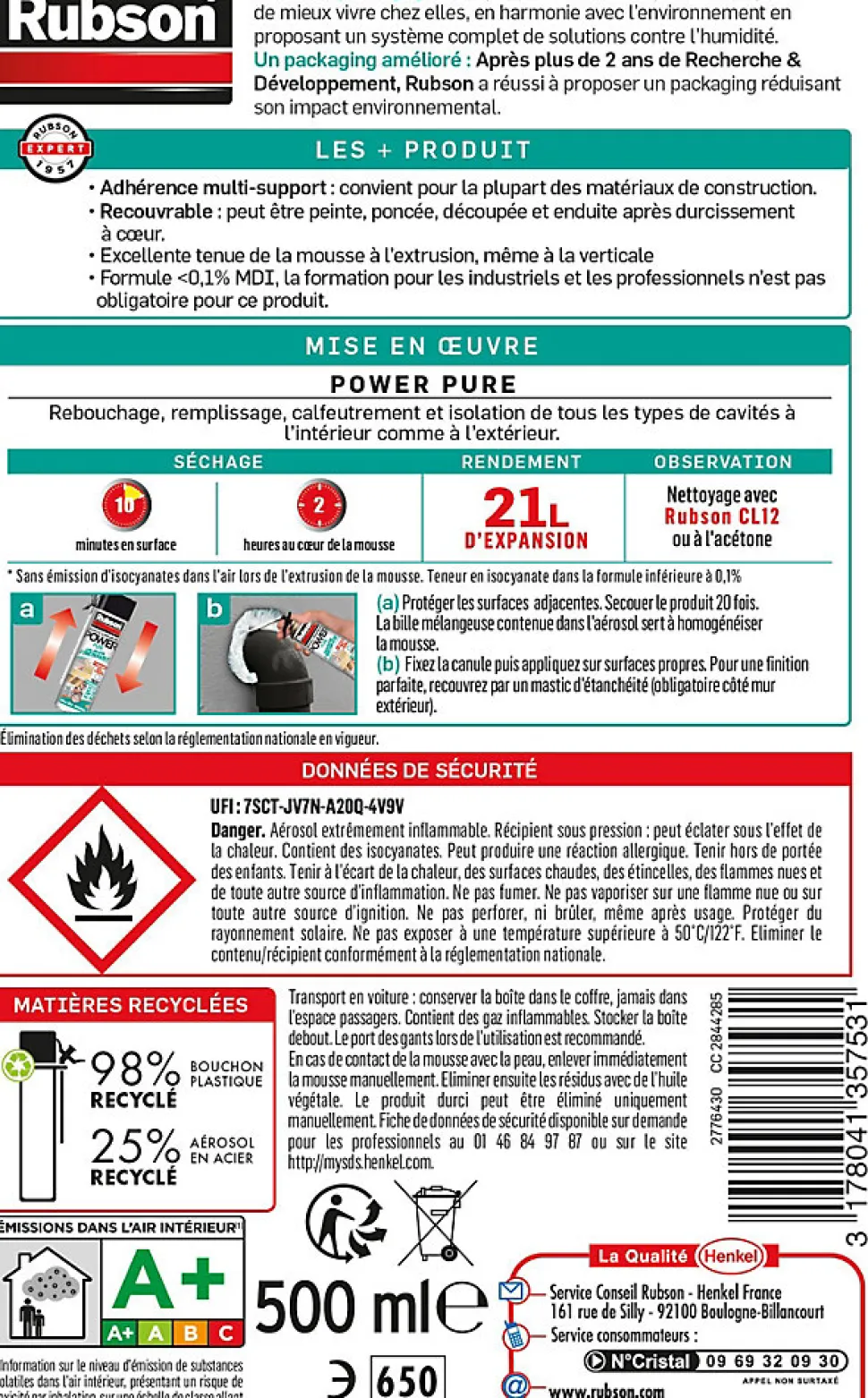 Mousse Expansive Rubson Power Pure Aérosol, 21L
