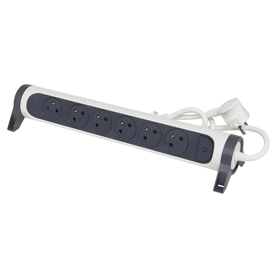 Multiprise avec interrupteur 6 prises rotative à fixer Legrand blanc et gris 1.5 m