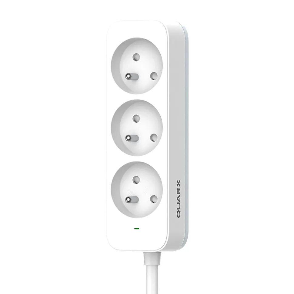 Multiprise 3 prises 2 pôles + terre Quarx blanc / gris 1.5 m