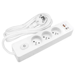 Multiprise SELDUR G3FH12B, 3 prises type E + interrupteur, USB A+C charge rapide 20W, Blanc, câble 1.5m