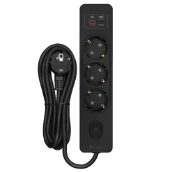 Multiprise SELDUR G3TH12S, 3 prises type F + interrupteur, USB A+C charge rapide 20W, Noir, câble 1.5m