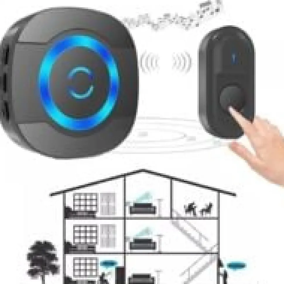 Noir Sonnette de Porte sans Fil 300M Étanche Carillon Electronique avec Récepteur Enfichable pour la Maison 55 Mélodies LED