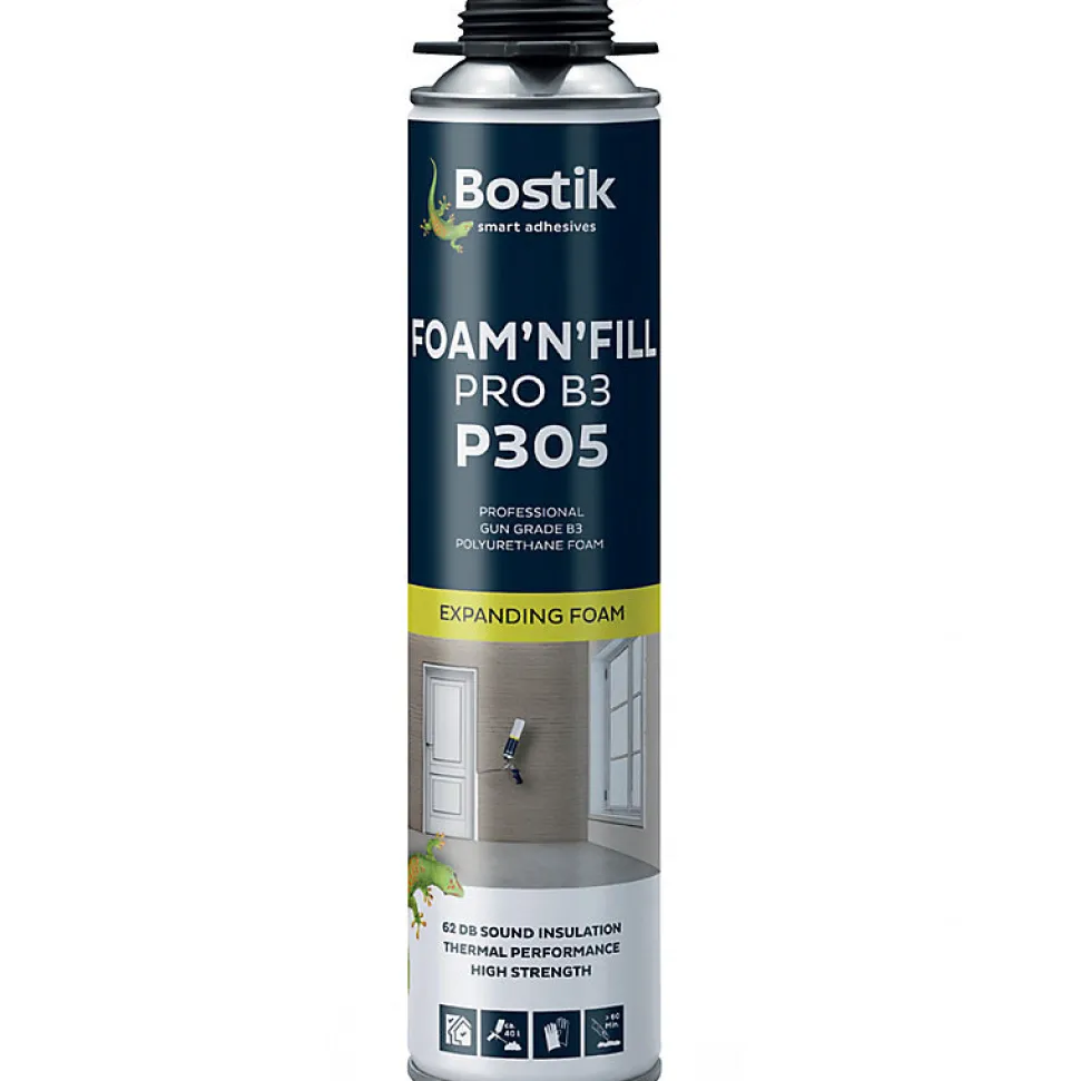 Pack 24 Mousses expansives PU pistolable P305 Foam'n'Fill 750ml BOSTIK + 12 Nettoyants mousse PU CL12 500ml + Pistolet manuel