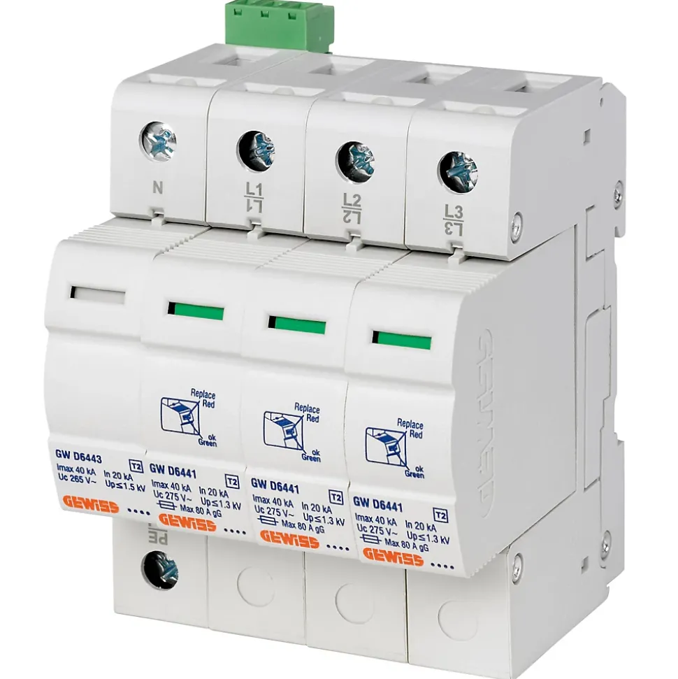 Parafoudre triphasé + neutre 40 kA avec contact aux. de fin de vie - Type 2 - 4 modules - GEWISS - GWD6420