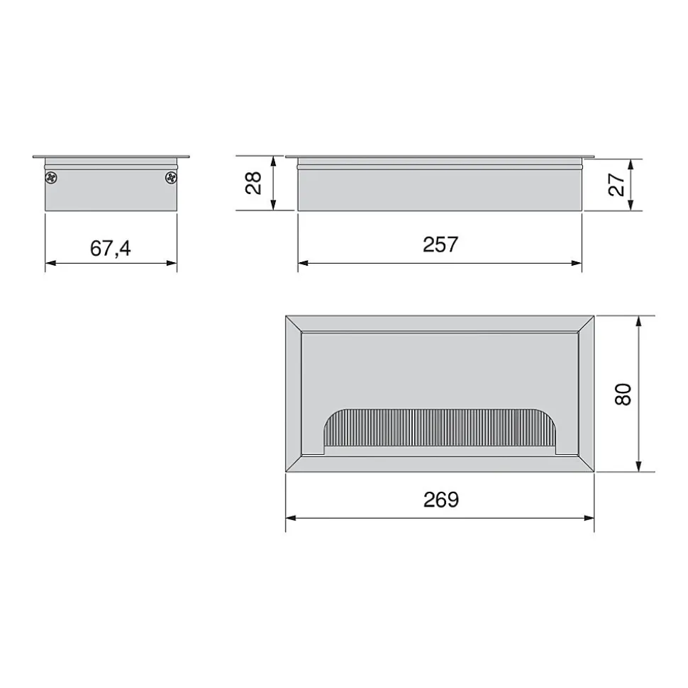 Passe-câbles de table Emuca Quadrum, rectangulaire, 269x80mm, à encastrer, Aluminium, Peint en blanc