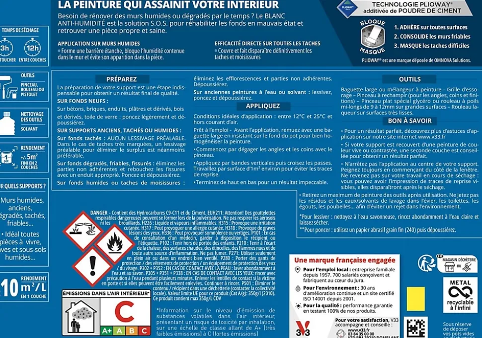 Peinture anti-humidité assainissante intérieur blanc mat V33 1 L