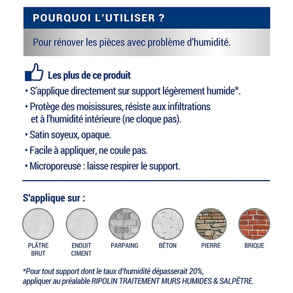 Peinture anti-humidité intérieur satin blanc Ripolin 2,5L