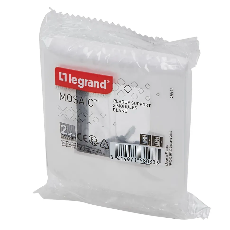 Plaque de finition 2 modules Legrand Mosaïc 0 994 71 coloris blanc l.82 x P.9 x H.82 mm