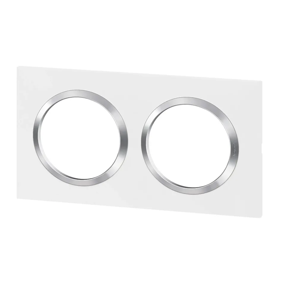 Plaque de finition 2 postes Legrand Dooxie 6 008 42 coloris blanc mat avec bague effet chrome l.158 x P.10 x H.87 mm