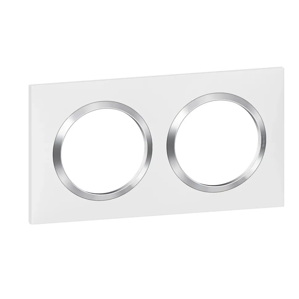 Plaque de finition 2 postes Legrand Dooxie 6 008 42 coloris blanc mat avec bague effet chrome l.158 x P.10 x H.87 mm