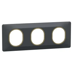 Plaque de finition 3 postes Schneider Electric Ovalis S340706E coloris anthracite avec liseré laiton l.229 x P.10 x H.87 mm