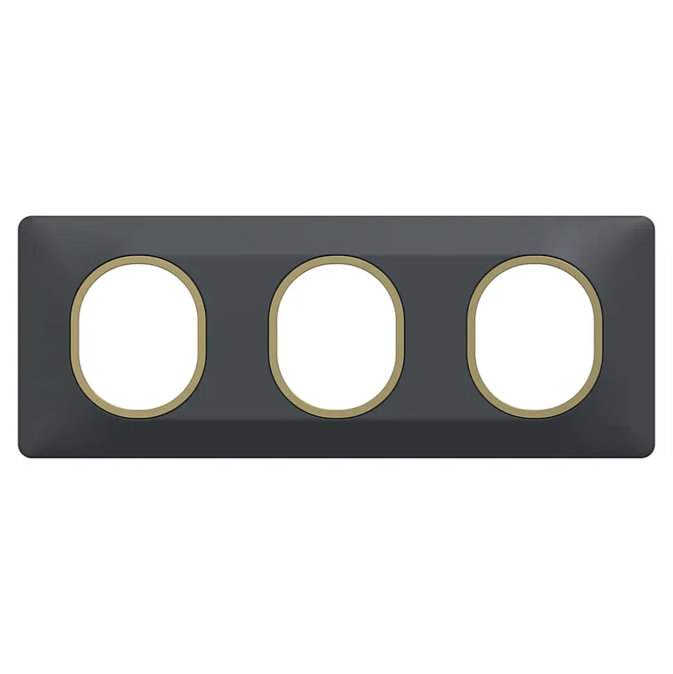 Plaque de finition 3 postes Schneider Electric Ovalis S340706E coloris anthracite avec liseré laiton l.229 x P.10 x H.87 mm