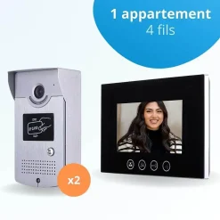 Portier interphone vidéo cards 4 fils pour 2 entrées - 1 appartement - 2 platines - 1 écran noir 7