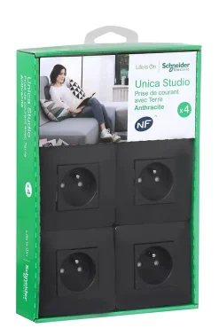 Prise avec terre complète Schneider Electric Unica Déco anthracite, lot de 4