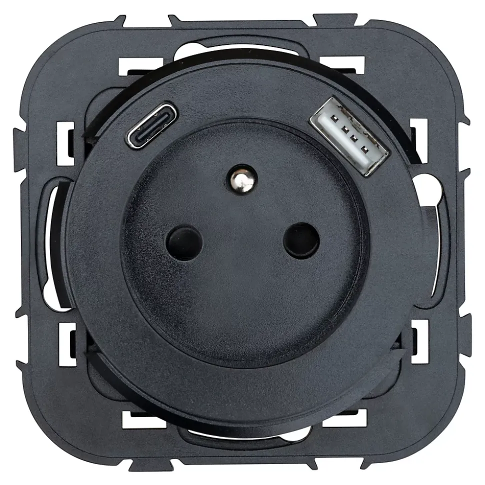 Prise avec terre Jacobsen Espen noir à composer + 1xUSB-A + 1xUSB-C