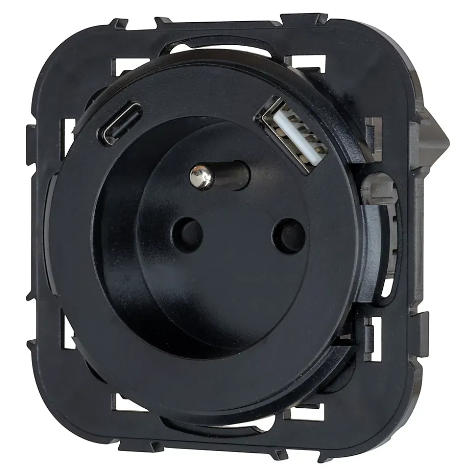 Prise avec terre Jacobsen Espen noir à composer + 1xUSB-A + 1xUSB-C