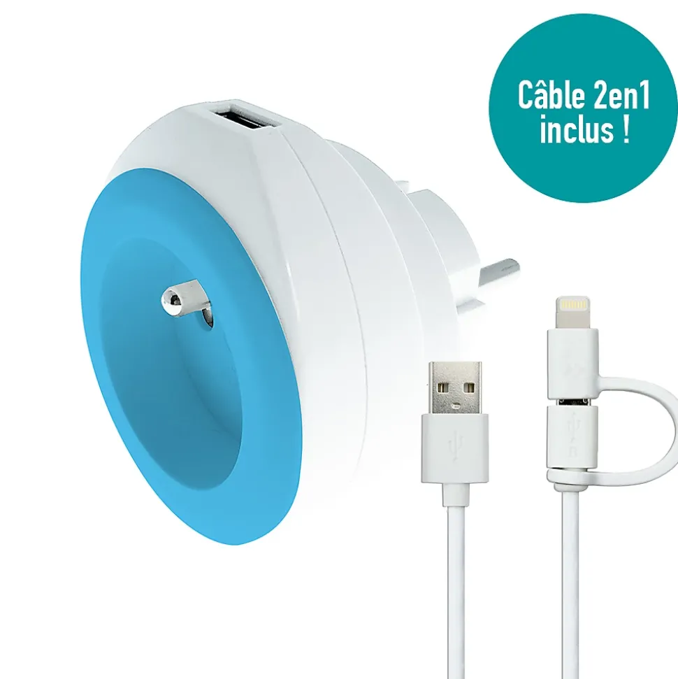 Prise BEWATT + chargeur USB Bleu - Watt and Co