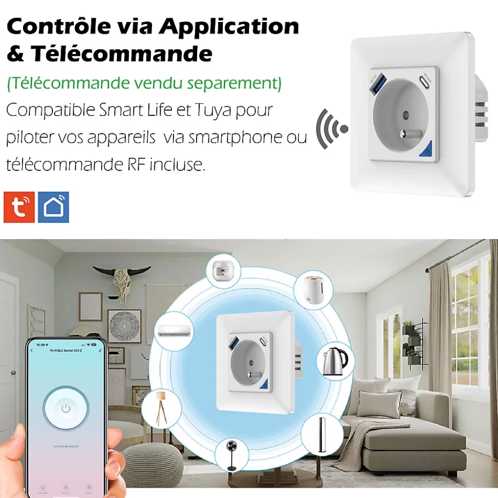 4 Prises encastrées 3000W & Ports USB-A + USB-C Wifi + Suivi de consommation