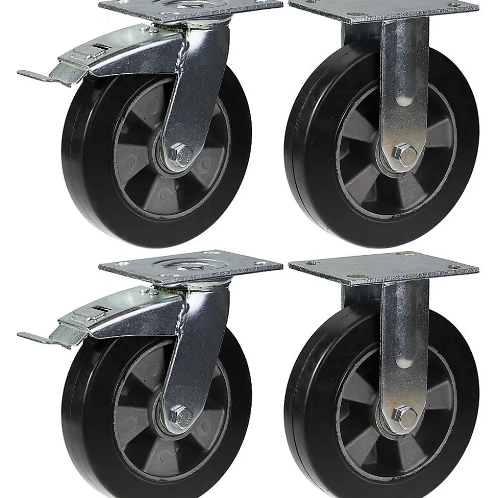 Roulette 200mm 8" frein caoutchouc noir & fixe capacité 1800kg, jeu de 4