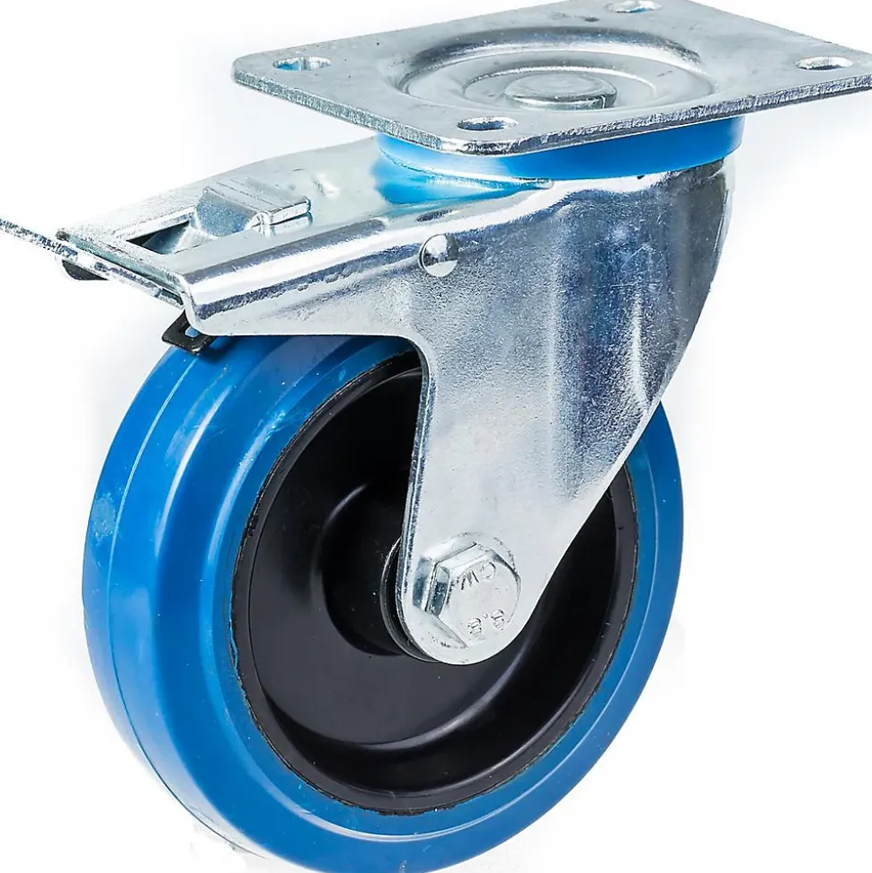 Roulette pivotante/frein de 100 mm avec caoutchouc élastique bleu sur roue centrale en nylon
