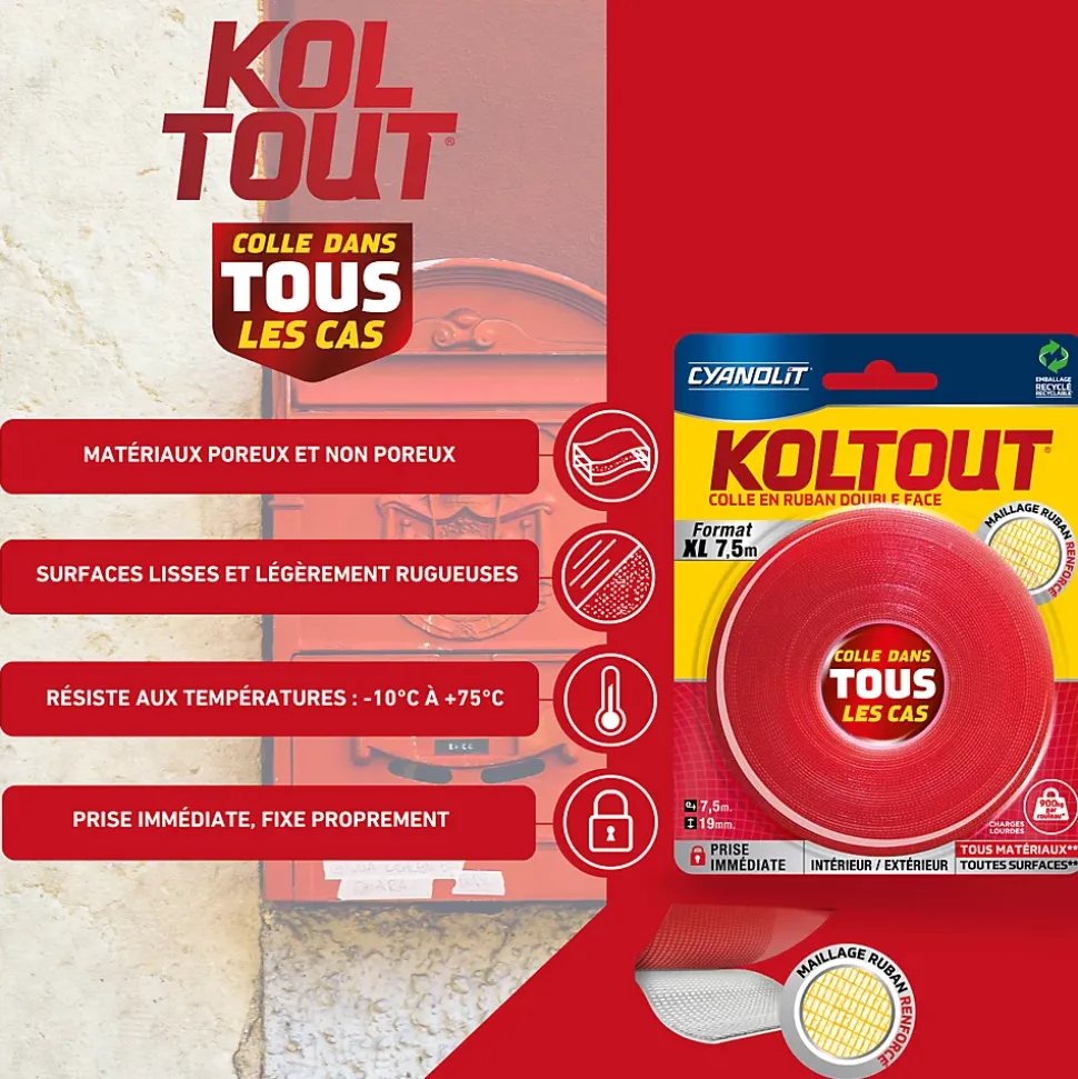 Ruban colle Koltout extra fin h. 19 mm x l. 7.5 m