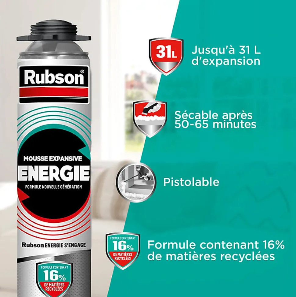 RUBSON Pack de 6 Mousses Expansives Énergie Pistolable Gris 750ml