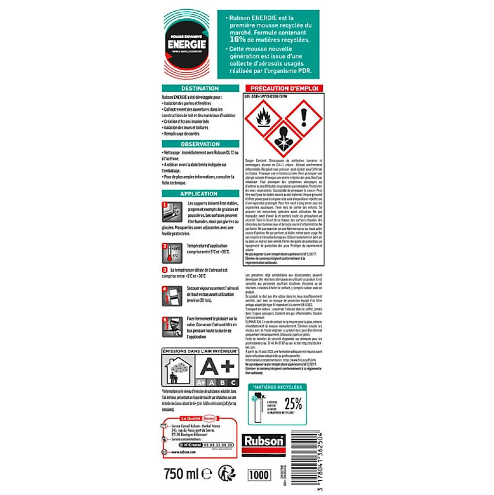 RUBSON Pack de 12 Mousses Expansives Énergie Pistolable Gris 750ml