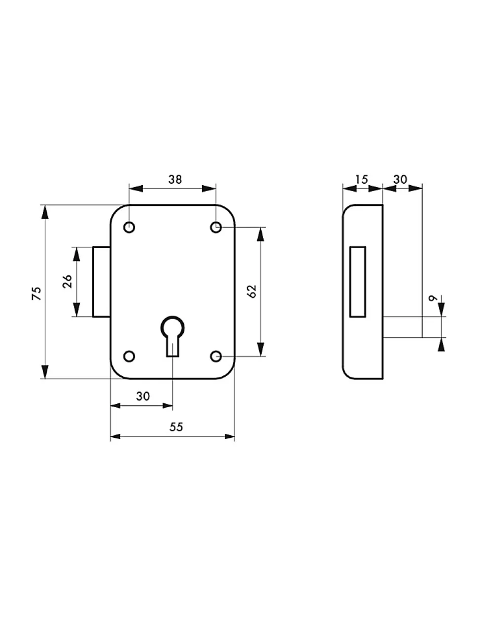 Serrure de meuble Paris pour porte d'ameublement, gauche, axe 30mm, 55x70mm, gris, 1 clé - THIRARD