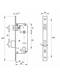 Serrure encast. Intelock trou cylindre pour poignées connectées, inox, axe45mm, entr'axes85mm, carré8, révers - INTELOCK