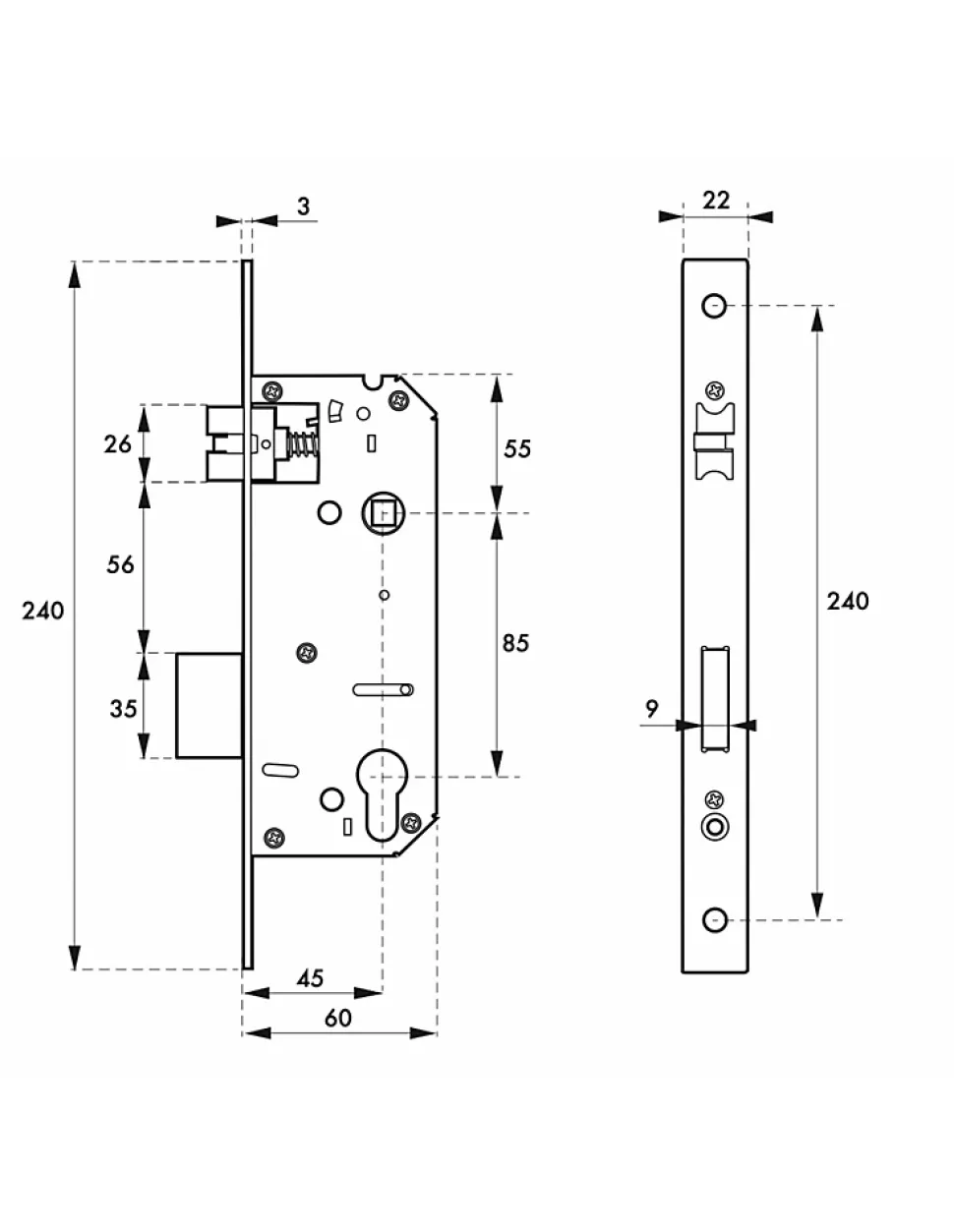 Serrure encast. Intelock trou cylindre pour poignées connectées, inox, axe45mm, entr'axes85mm, carré8, révers - INTELOCK