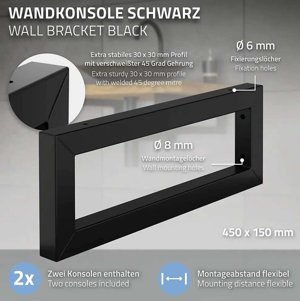 Set de 2x consoles murales support d'étagères en acier noir mat 450x150x30 mm