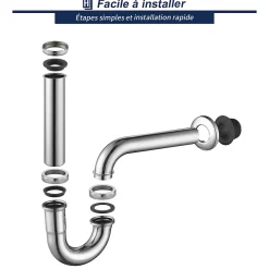 Siphon de Lavabo en Acier Inox Chrome Anti Odeur Tube Courbe en Forme de G Ouverture Quart de Tour pour Lavabo